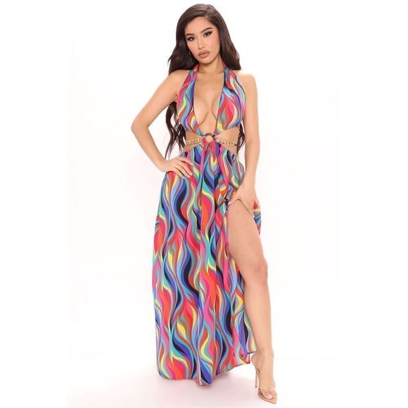Fashion Nova Women’s Multicolored Swirl Pattern Designer Gold Chain Backless Tie - Picture 1 of 13